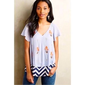 Floreat by Anthropologie light blue floral, embroidered sheer Color block blouse